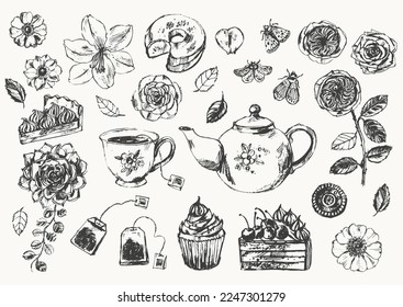 Hand drawn tea party set with tea cup, teapot, cakes, summer flowers, rose, anemone, moths.