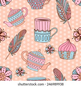 Hand drawn tea pattern with teapots, cups, sweets and flowers. Seamless template in vintage style for web, fabric and wrapping.
