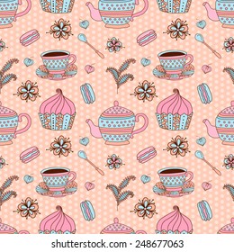 Hand drawn tea pattern with teapots, cups, sweets and flowers. Seamless template in vintage style for web, fabric and wrapping.