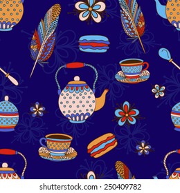 Hand drawn tea pattern with teapots, cups, sweets and flowers. Seamless template in vintage style for web, fabric and wrapping.