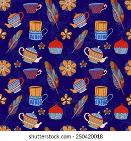 Hand drawn tea pattern with teapots, cups, sweets and flowers. Seamless template in vintage style for web, fabric and wrapping. 