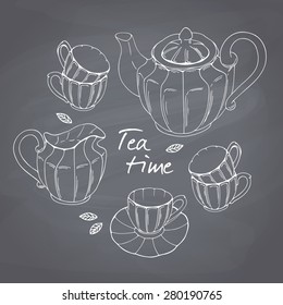 Hand drawn tea porcelain service set. Teatime chalk style vector illustration. Chalkboard background