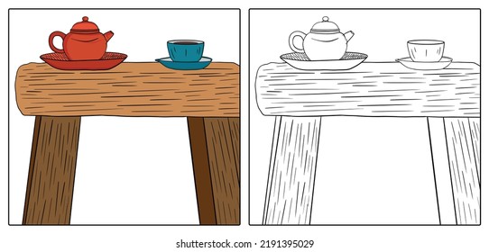 Té dibujado a mano y vector de taza sobre la mesa de madera y el dibujo de línea para llenar de colores.