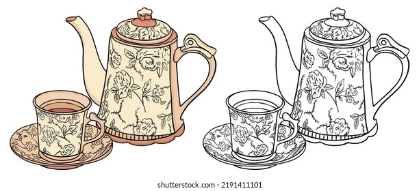 Té dibujado a mano y vectores de taza decorados con flores y dibujos en línea para llenar de colores.