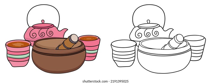 Hand Drawn Tea Pot And Cups Vector And Line Drawing To Fill With Colors. Tea Pot Coloring Page.