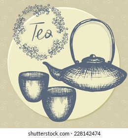 hand drawn tea pot and cups, vintage card design