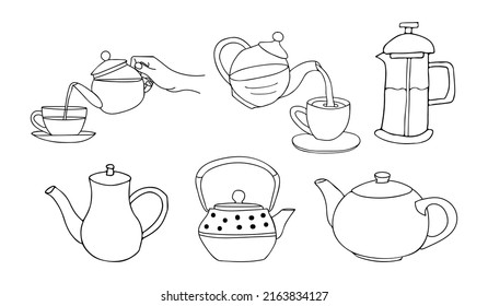 Hand Drawn Tea Pot Illustrations Collection. Doodle Tea Icons Collection. Set Of Hand Drawn Tea Pots Illustrations.