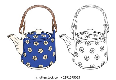 Hand Drawn Tea Pot Vector Decorated With Flowers And Tea Pot Coloring Page.