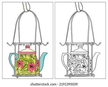 Hand drawn tea pot vector decorated with flower and line drawing to fill with colors.