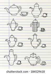 Hand drawn tea pots and cups on a lined page