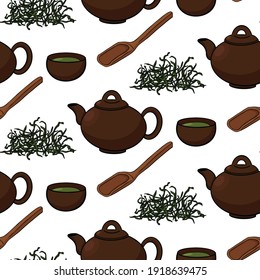 Hand drawn tea seamless pattern in graphic style, vector illustration.