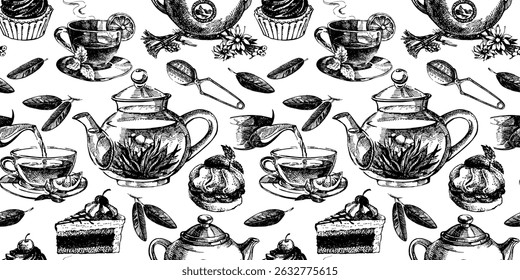Hand drawn tea seamless pattern. Vintage sketch vector illustration