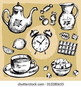 Hand drawn tea set with clock