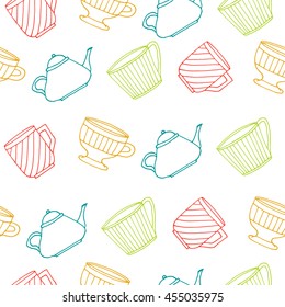 Hand drawn tea set with colored tea pots, tea cups, green tea leaves. Vector stock illustration. Elements for menu for restaurants and cafe. 