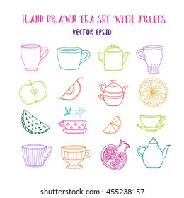 Hand drawn tea set with colored tea pots, tea cups and fruits. Vector stock illustration. Elements for menu for restaurants and cafe. 