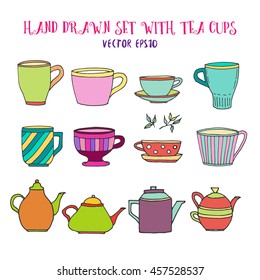 Hand drawn tea set with colored tea pots, tea cups, green tea leaves. Vector stock illustration. Elements for menu for restaurants and cafe.