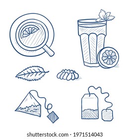 Hand drawn tea set. Doodle vector illustration