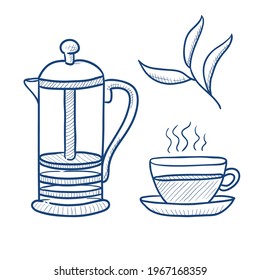 Hand drawn tea set. Glass teapot, glass cup and tea leaves. Doodle vector illustration