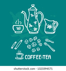 Hand drawn tea set with milk jug and sugar isolated on blue background. Doodle style. Design element for cafe menu, leaflets, posters or cooking book. Vector illustration.