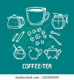 Hand drawn tea set with milk jug and sugar isolated on blue background. Doodle style. Design element for cafe menu, leaflets, posters or cooking book. Vector illustration.