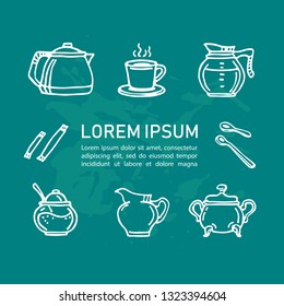 Hand drawn tea set with milk jug and sugar isolated on blue background. Doodle style. Design element for cafe menu, leaflets, posters or cooking book. Vector illustration.