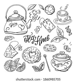 Hand drawn tea set on white isolated background. Vector illustration.