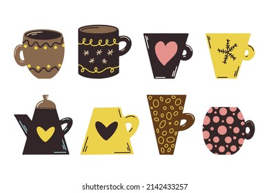 Hand drawn Tea Set. Tea Party Elements with Teapot, Teacup, Turk, coffee pot and cups for coffee isolated on white background. Doodle mugs and teapot for kids design, wrapping, restaurants and cafe