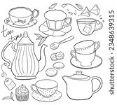 Hand drawn tea set. Retro teapots. tea bag loose leaf and cookie sweet desserts. High tea cups style minimal vector illustration for home kitchen decoration café tea shop design.