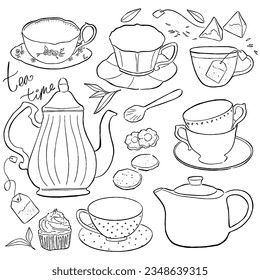 Hand drawn tea set. Retro teapots. tea bag loose leaf and cookie sweet desserts. High tea cups style minimal vector illustration for home kitchen decoration café tea shop design.