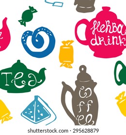 Hand drawn tea set seamless pattern, vector ornament with funny dishes silhouettes, coffee pot, sugar bowl, jam, milk, candies. Lettering at the kitchen equipment. can be used for any print design.