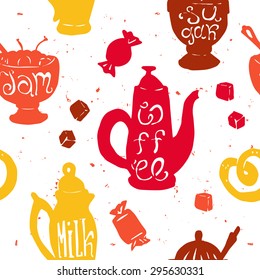 Hand drawn tea set seamless pattern, vector ornament with funny dishes silhouettes, coffee pot, sugar bowl, jam, milk, candies. Lettering at the kitchen equipment. Outline, contour,  print design.