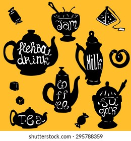 Hand drawn tea set, vector collection of dish icons, coffee pot, sugar bowl, jam, milk, candies. Lettering at the kitchen equipment. Outline, contour, silhouette.