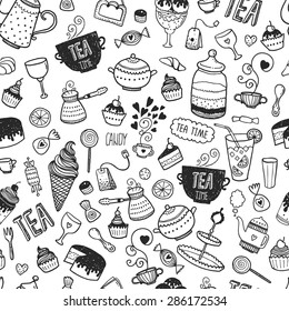 Hand drawn tea time background, vector doodle pattern with teapots, glass, cupcake, decoration, tea, icecream, cup and sweets