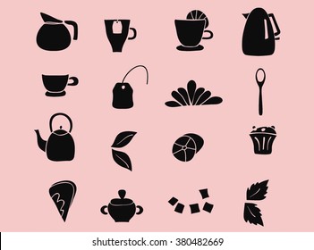 Hand Drawn Tea Time Black Silhouette Set. Silhouette Tea Time Icons. Doodle Tea Set.Tea Set With
Teapot, Sugar, Tea, Kettle, Lemon, Tea Bag, Muffin, Teaspoon, Cup, Mint, Sweets. Tea Silhouette Set.