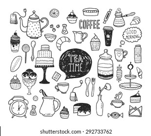 Hand drawn tea time collection, vector doodle set with teapots, glass, cupcake, decoration, tea, icecream, cup and sweets