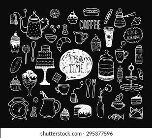 Hand drawn tea time collection, vector doodle set with teapots, glass, cupcake, decoration, tea, ice cream, cup and sweets
