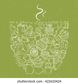 Hand drawn tea time collection, vector doodle set with teapots, glass, cupcake, decoration in Cup shape. White outline style on green background