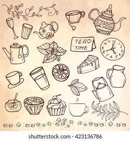 Hand drawn tea time collection, vector doodle set with teapots, glass, cupcake, decoration, tea, ice cream, cup and sweets. Outline style on vintage paper