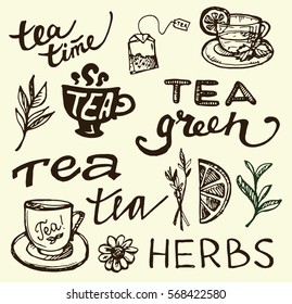 Hand drawn tea time collection. Cup and teapot. Vector illustration.