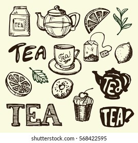 Hand drawn tea time collection. Cup and teapot. Vector illustration.