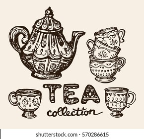 Hand drawn tea time collection. Cup and teapot. Vector illustration.