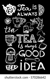 Hand drawn tea time collection. Cup and teapot. Vector illustration.