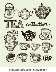 Hand drawn tea time collection. Cup and teapot. Vector illustration.