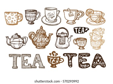 Hand drawn tea time collection. Cup and teapot. Vector illustration.