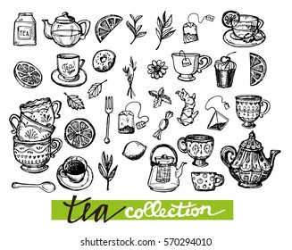 Hand drawn tea time collection. Cup and teapot. Vector illustration.
