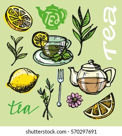 Hand drawn tea time collection. Cup and teapot. Vector illustration.
