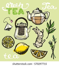 Hand drawn tea time collection. Cup and teapot. Vector illustration.