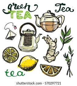 Hand drawn tea time collection. Cup and teapot. Vector illustration.