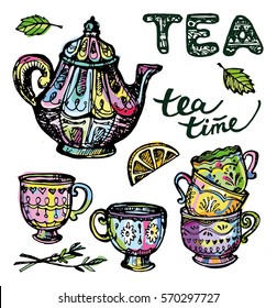 Hand drawn tea time collection. Cup and teapot. Vector illustration.