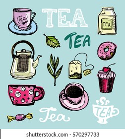 Hand drawn tea time collection. Cup and teapot. Vector illustration.